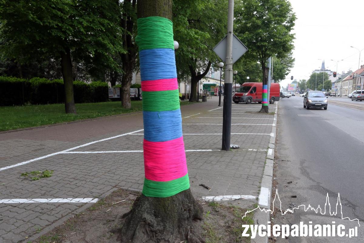 Dziergane graffiti na drzewach w centrum