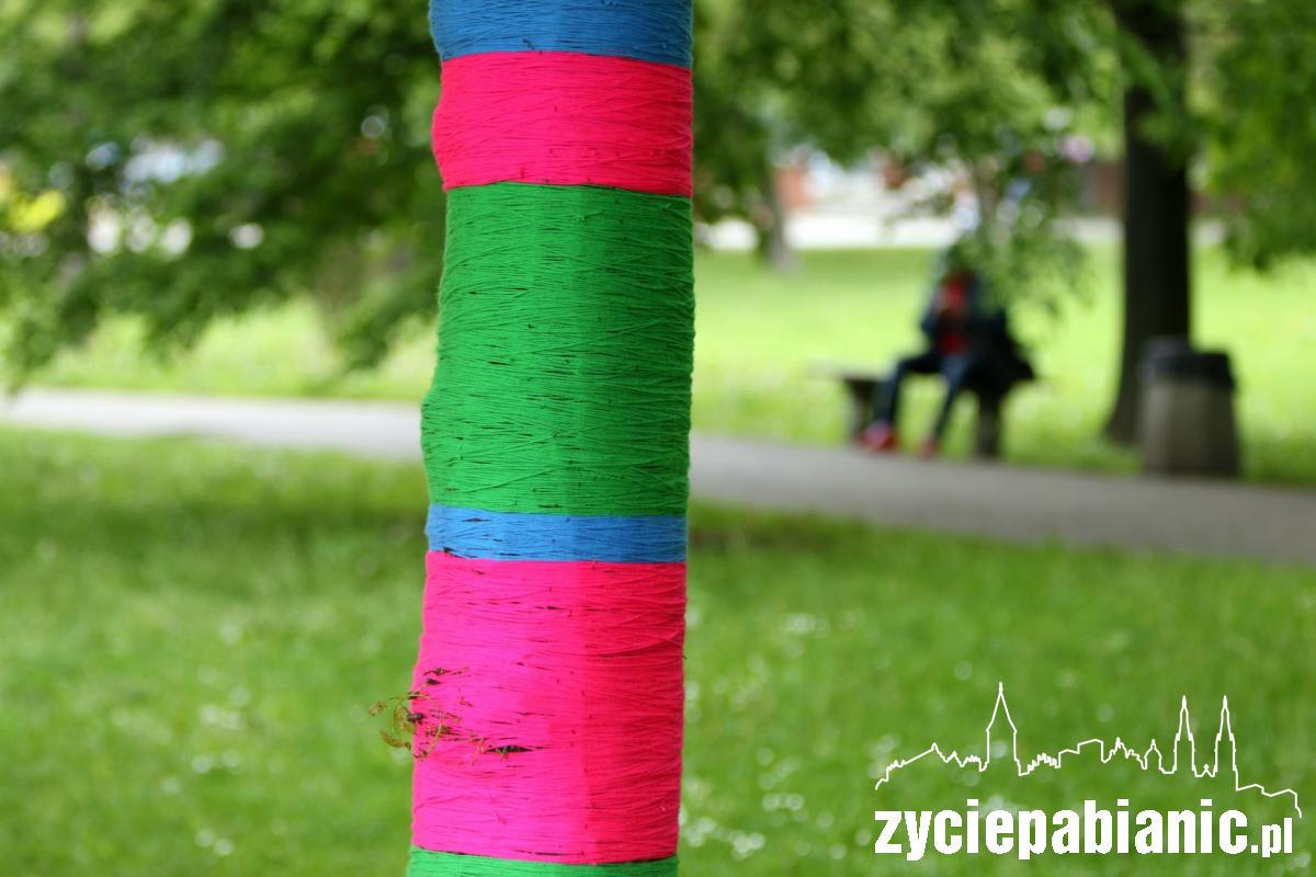 Dziergane graffiti na drzewach w centrum