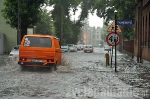 Zalane ulice: Piotra Skargi, Bugaj i Grota Roweckiego. Wszystko przez zapchane studzienki kanalizacyjne.