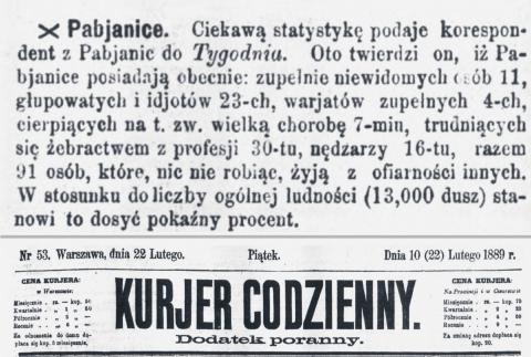 Wyniki liczenia pabianickich "nierobów" wydrukowano w "Kurierze Codziennym" z 22 lutego 1889 roku